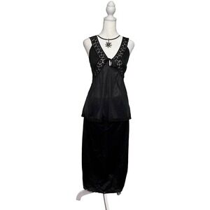 Vintage 2 Piece Katz Black Lace Semi Sheer Slip Set Nightgown Lingerie Set